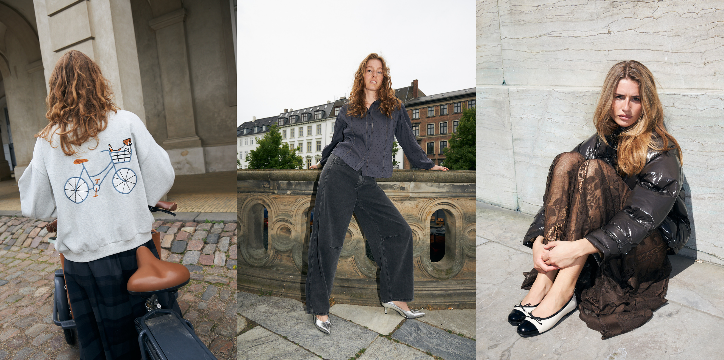 Tre efterårslooks fra Lollys Laundry med sweatshirt med cykelmotiv, mørk skjorte og jeans samt brun blondenederdel stylet med pufferjakke.