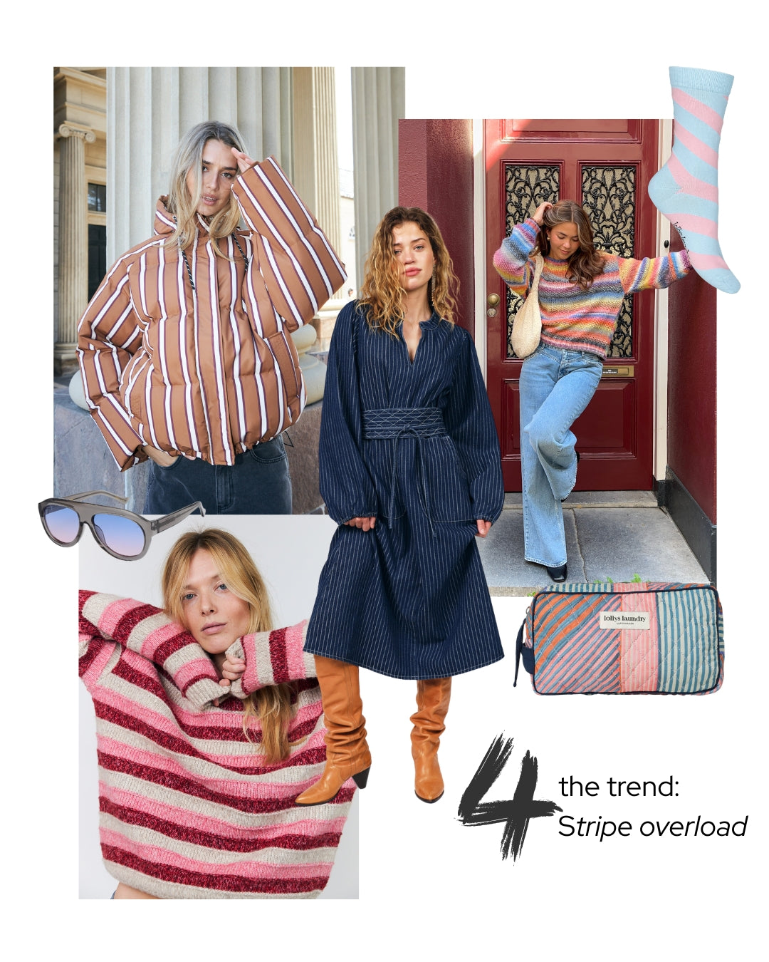 En modecollage med trend Stripe overload', der viser flere modeller iført farverigt, stribet tøj og tilbehør. Outfittene omfatter en brun- og beige-stribet dunjakke, en mørkeblå stribet frakke med bælte, en lyserød- og rød-stribet striktop samt en stribet taske med lynlås.