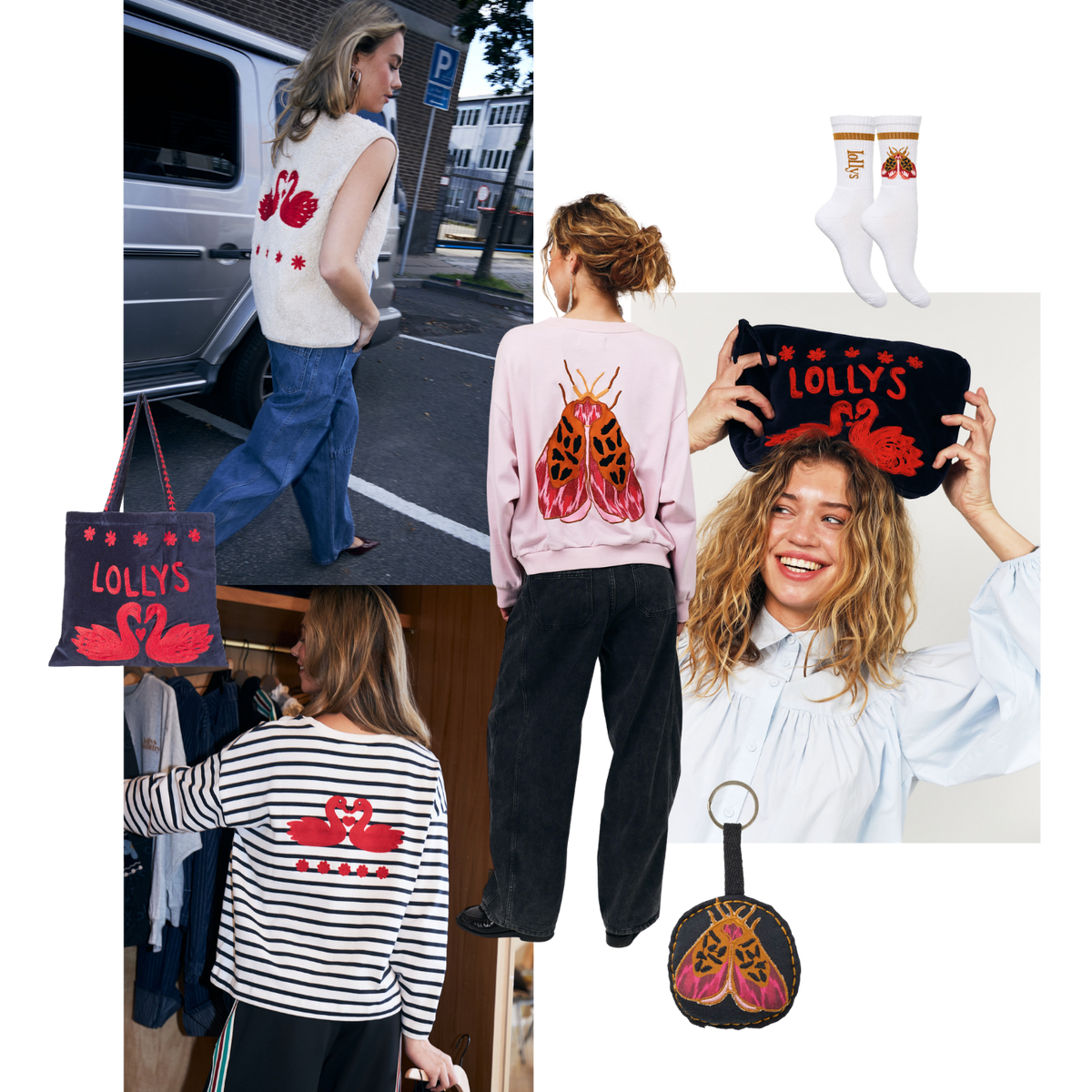 Collage fra Lollys Laundry Pre-Spring Party 2026 med håndtegnede svaner og sommerfugle på strik, sweatshirt, stribet bluse, taske og accessories.