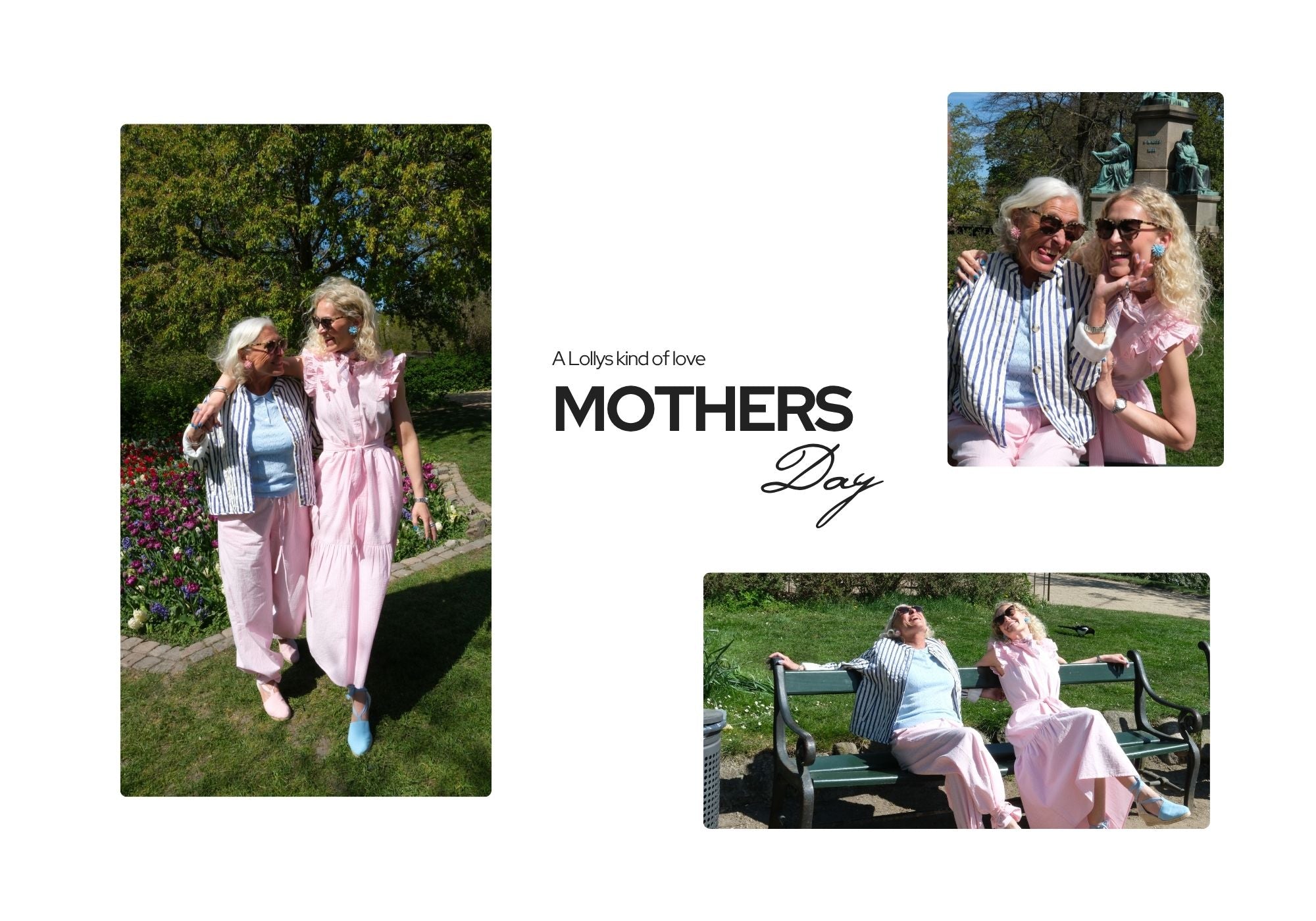 Kvinde og ældre kvinde i lyserøde outfits og striber, gående og siddende sammen i en park med blomster og solskin, smilende og afslappet stemning