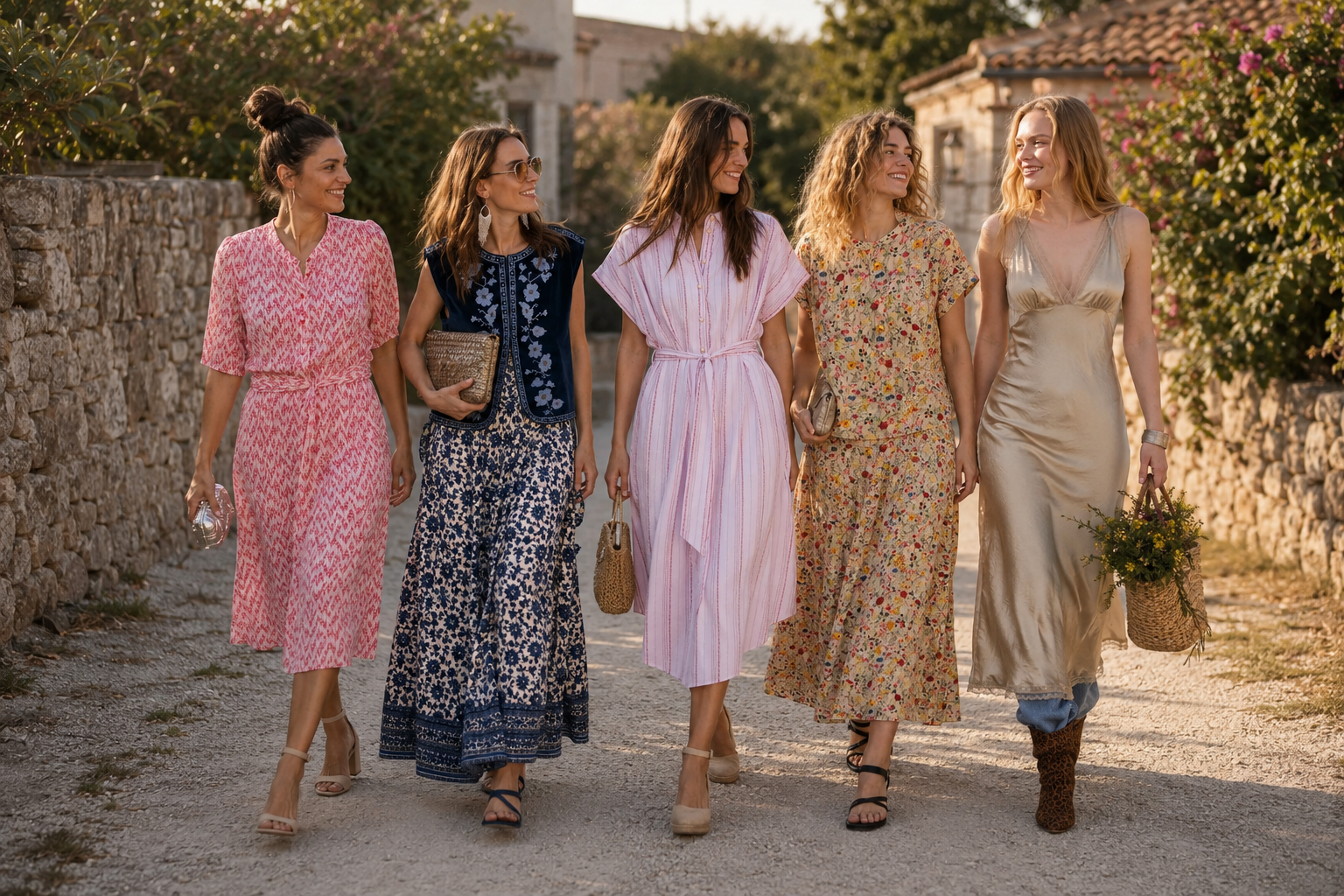 Women wearing colorful wedding guest dresses and summer occasionwear from Lollys Laundry.