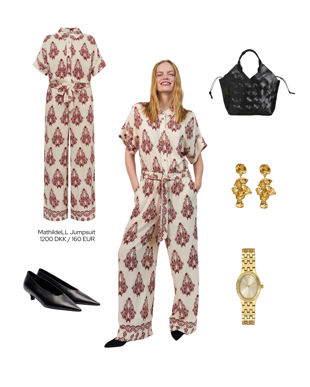 Styling inspiration with a printed jumpsuit paired with black heels, gold jewelry, and a woven bag for a festive summer look.