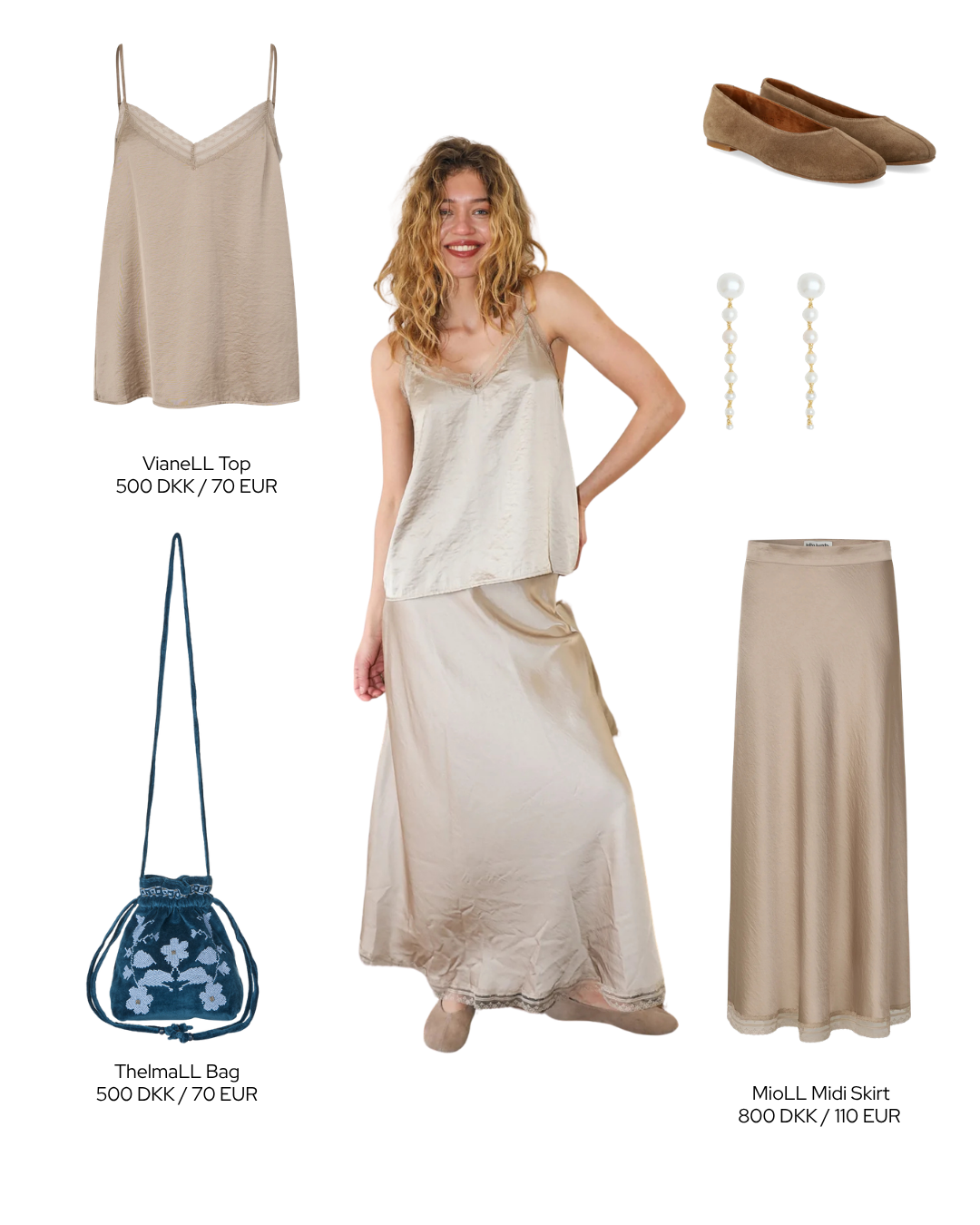 Styling inspiration with a matching satin top and skirt styled with delicate jewelry, soft tones, and elegant accessories.