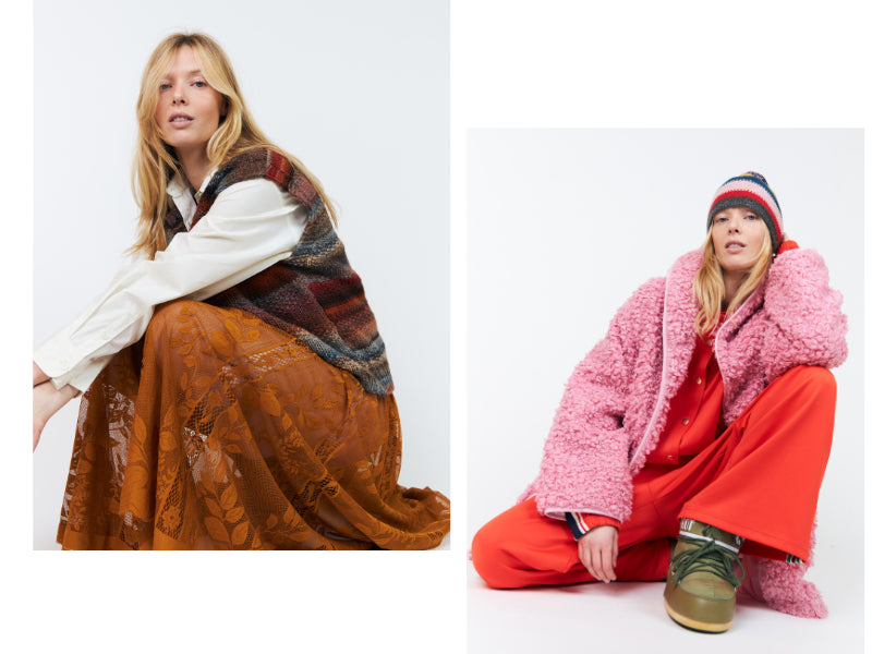To farverige efterårslooks fra Lollys Laundry med strikvest og brun blondenederdel samt pink teddyjakke, rødt sæt og stribet strikhue.