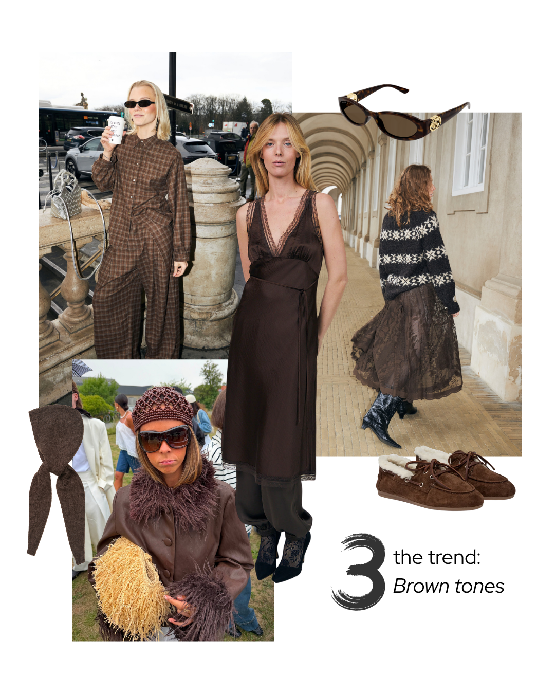 En modecollage med temaet "brune nuancer", der viser flere kvinder i brunt tøj – herunder ternede jumpsuits, en mørkebrun kjole, en mønstret brun frakke, brune sko, solbriller og en brun hat. Layoutet indeholder udendørs- og arkitektoniske omgivelser, hvilket placerer motivet i kategorien livsstil.
