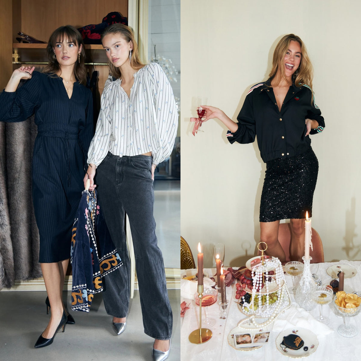 Styles fra Lollys Laundry Pre-Spring Party 2026 med stribet kjole, feminin skjorte, denim og sort pailletnederdel stylet med en sporty jakke.