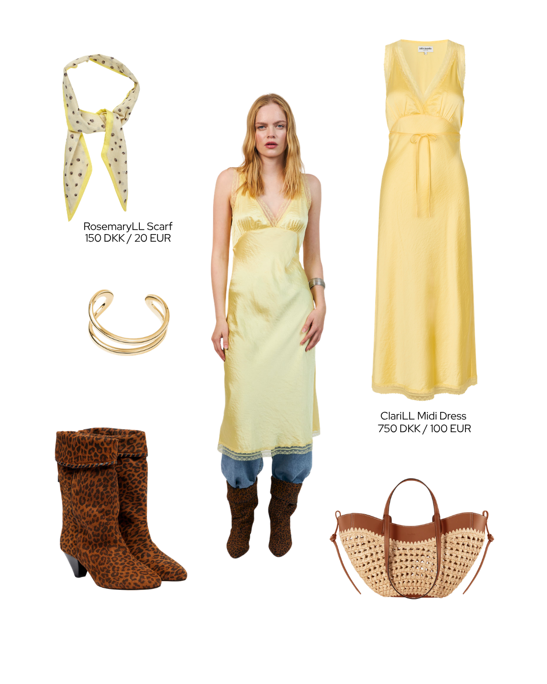 Styling inspiration with a soft yellow satin dress paired with tall leather boots, silver jewelry, and a floral print bag.