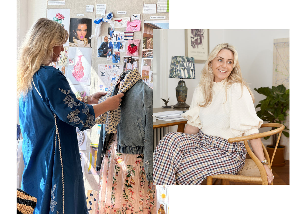 Billeder af stifter og designer Kamilla Byriel, der sidder på en stol, står foran et moodboard og styler tøj på en gine.